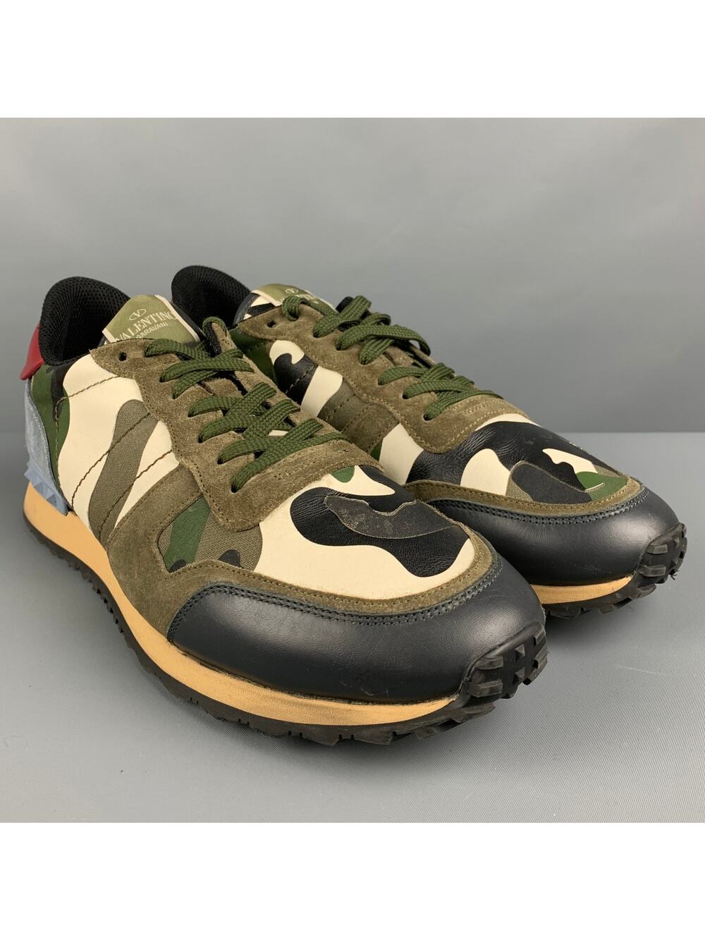 VALENTINO Size 12 Multi-Color Olive Camo Leather Low Top Sneakers